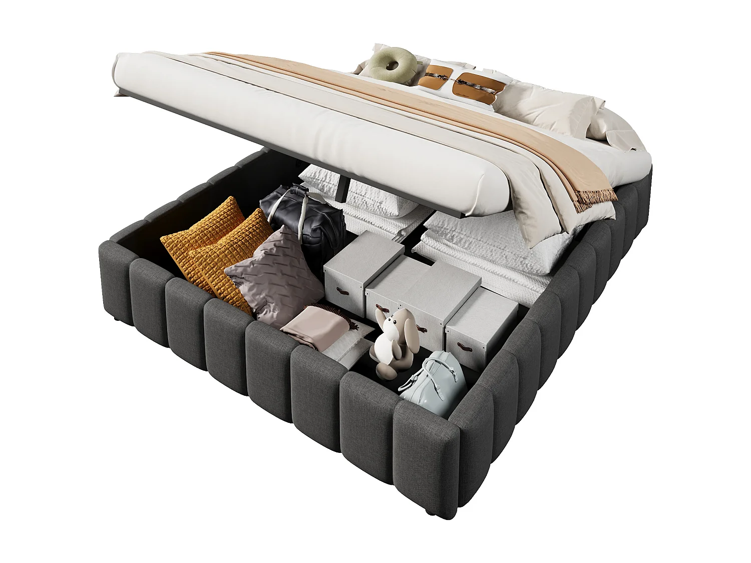 Lit capitonné 140x200 cm avec rangement hydraulique, sans tête de lit ni matelas, tissu gris