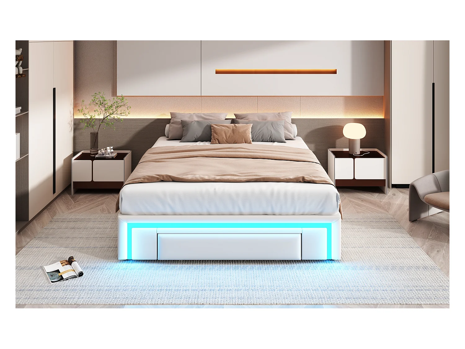 Lit 140×200 cm en PU cuir beige avec tiroirs, sans tête de lit et éclairage LED intégré