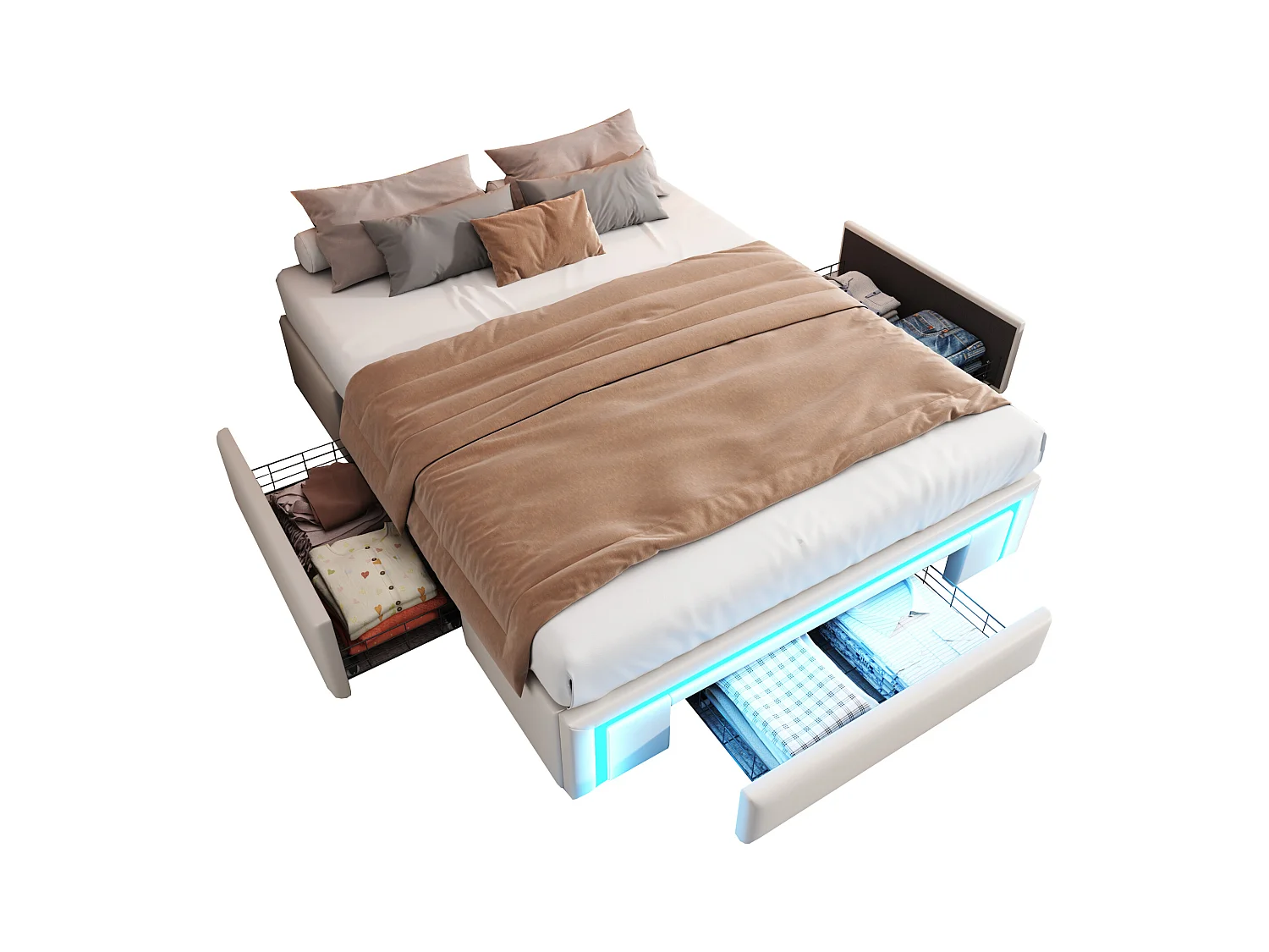 Lit 140×200 cm en PU cuir beige avec tiroirs, sans tête de lit et éclairage LED intégré