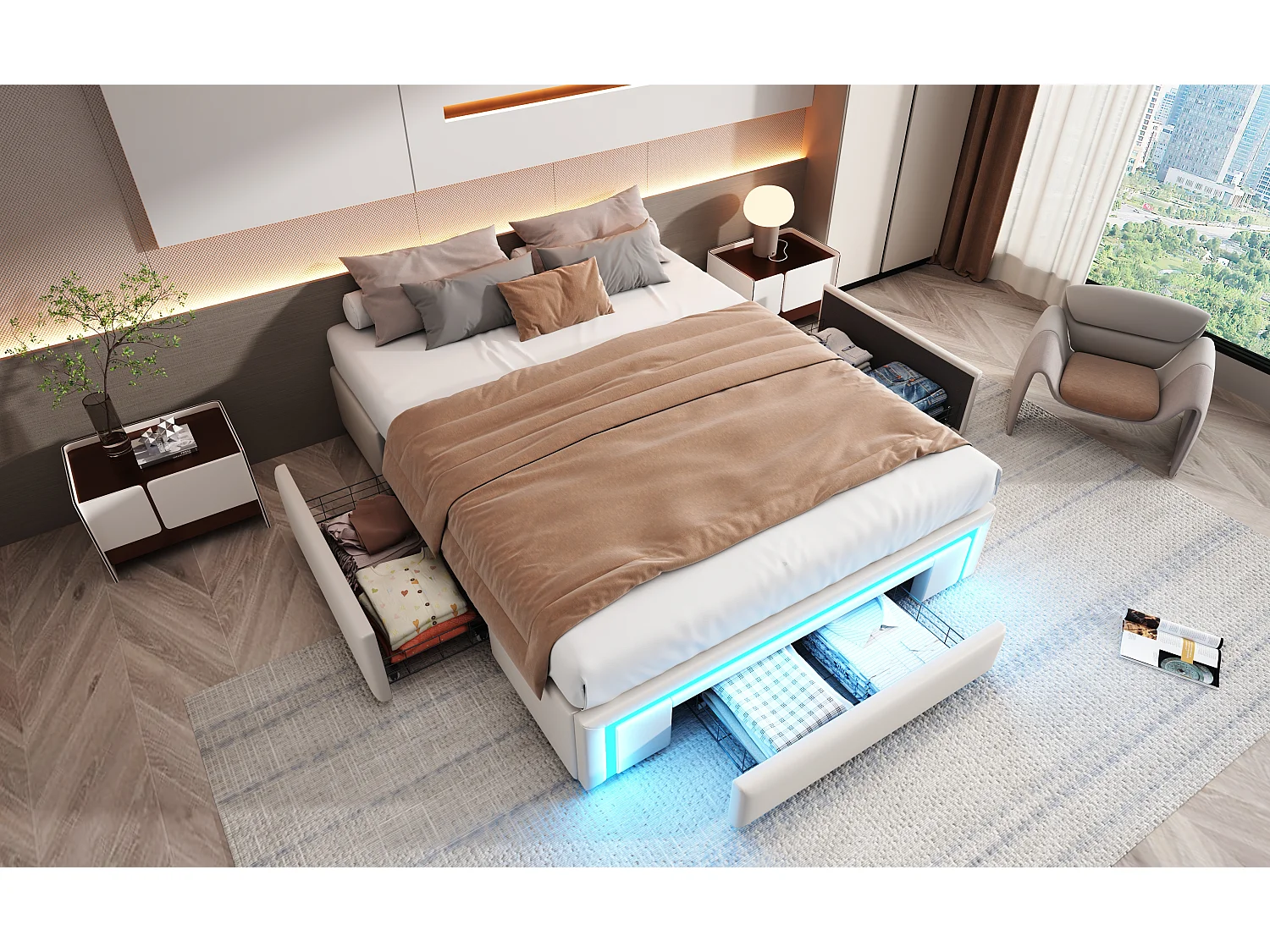 Lit 140×200 cm en PU cuir beige avec tiroirs, sans tête de lit et éclairage LED intégré