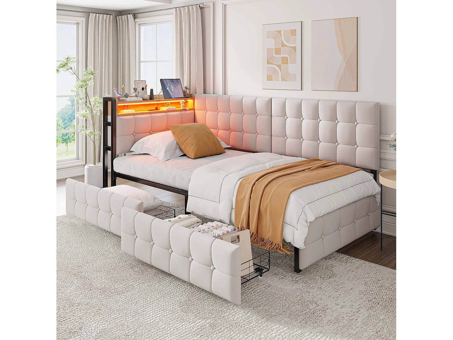 Canapé-lit 90 x 200 cm en beige avec 2 tiroirs, éclairage LED et ports USB