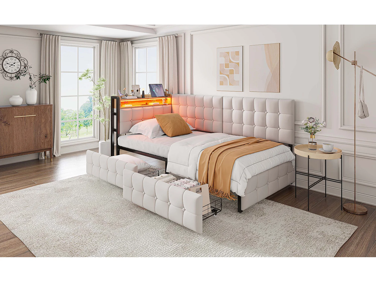 Canapé-lit 90 x 200 cm en beige avec 2 tiroirs, éclairage LED et ports USB