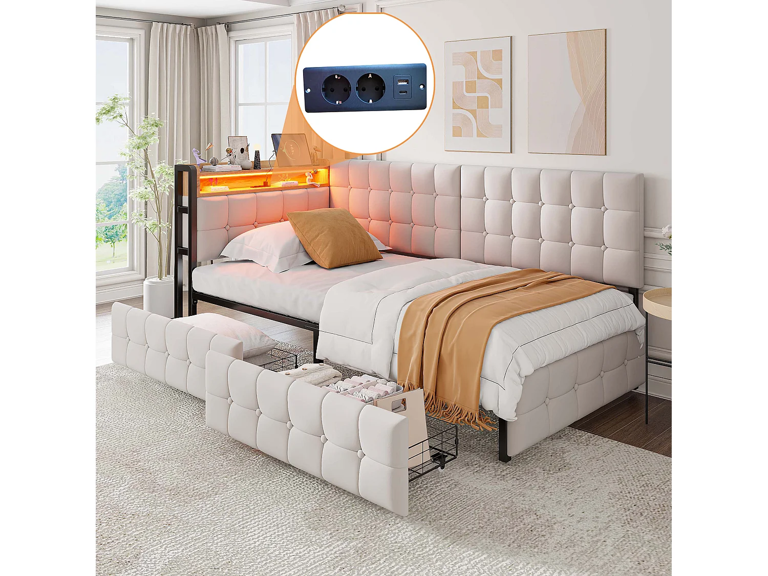 Canapé-lit 90 x 200 cm en beige avec 2 tiroirs, éclairage LED et ports USB