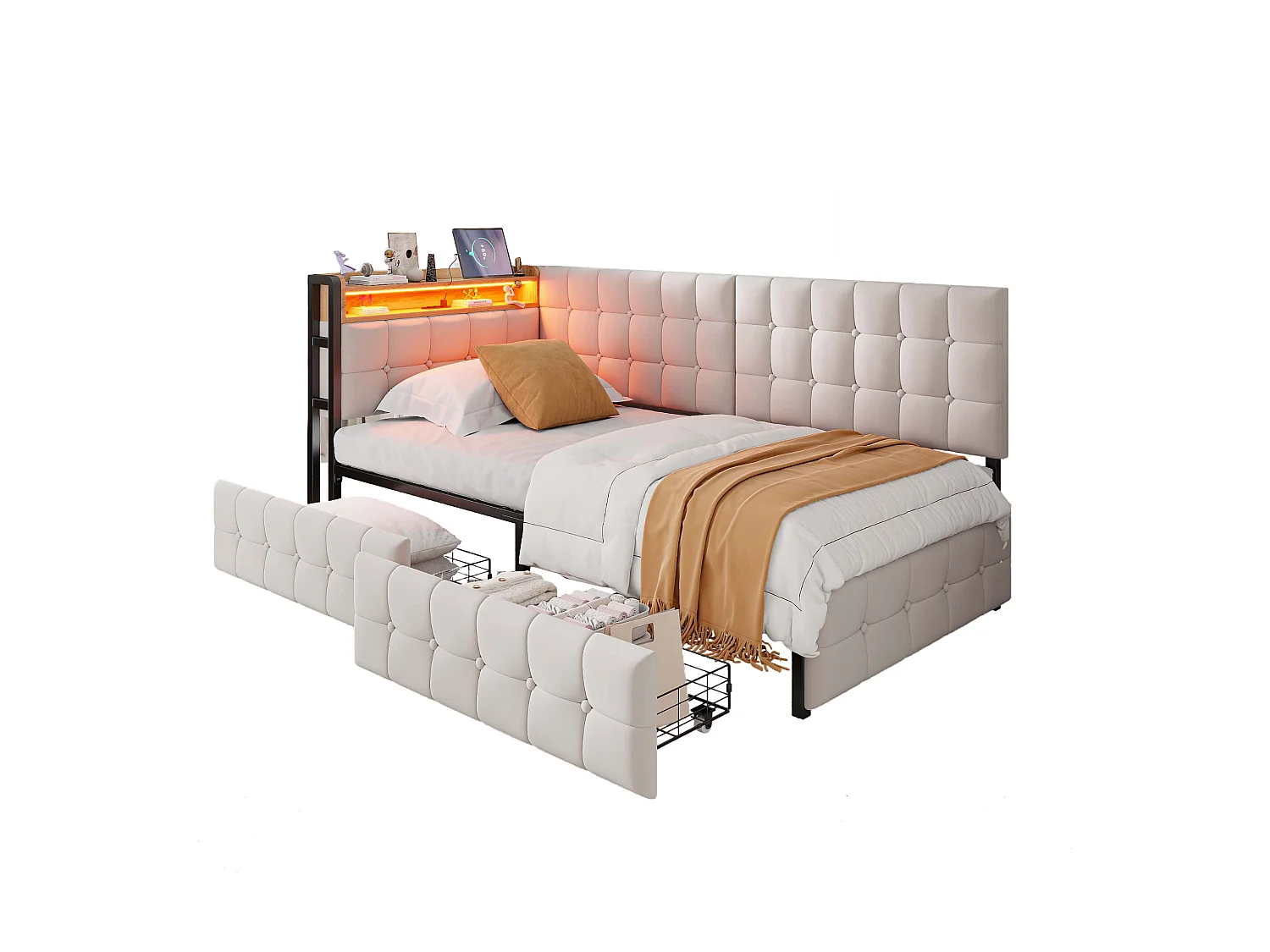 Canapé-lit 90 x 200 cm en beige avec 2 tiroirs, éclairage LED et ports USB