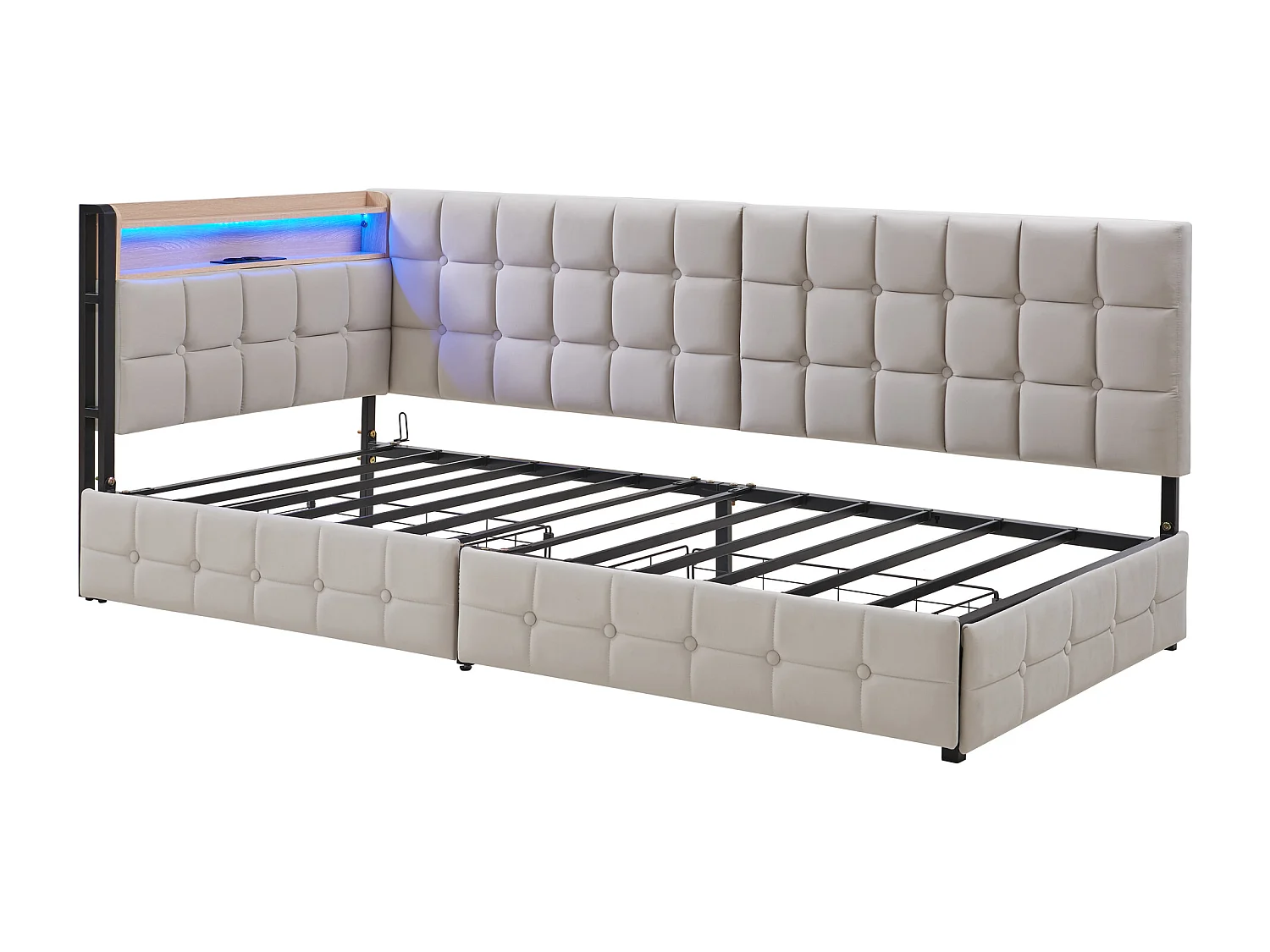 Canapé-lit 90 x 200 cm en beige avec 2 tiroirs, éclairage LED et ports USB