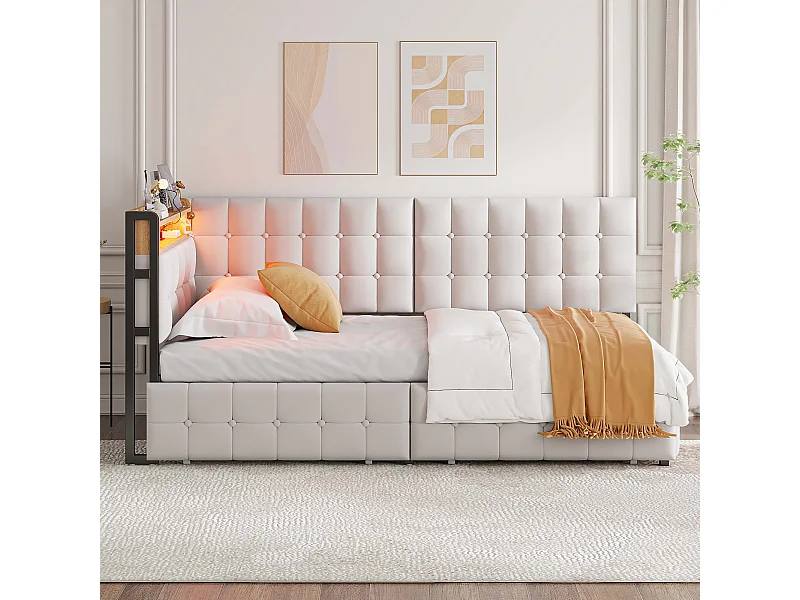 Canapé-lit 90 x 200 cm en beige avec 2 tiroirs, éclairage LED et ports USB