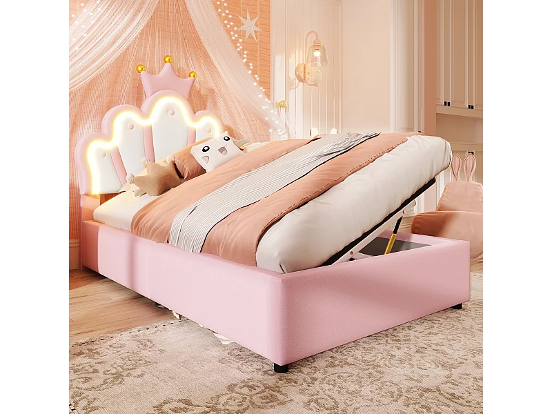 Lit rembourré 90x200 cm sans matelas, bande LED, mécanisme hydraulique, lit princesse en forme de couronne, tête de lit réglable, PU, Rose