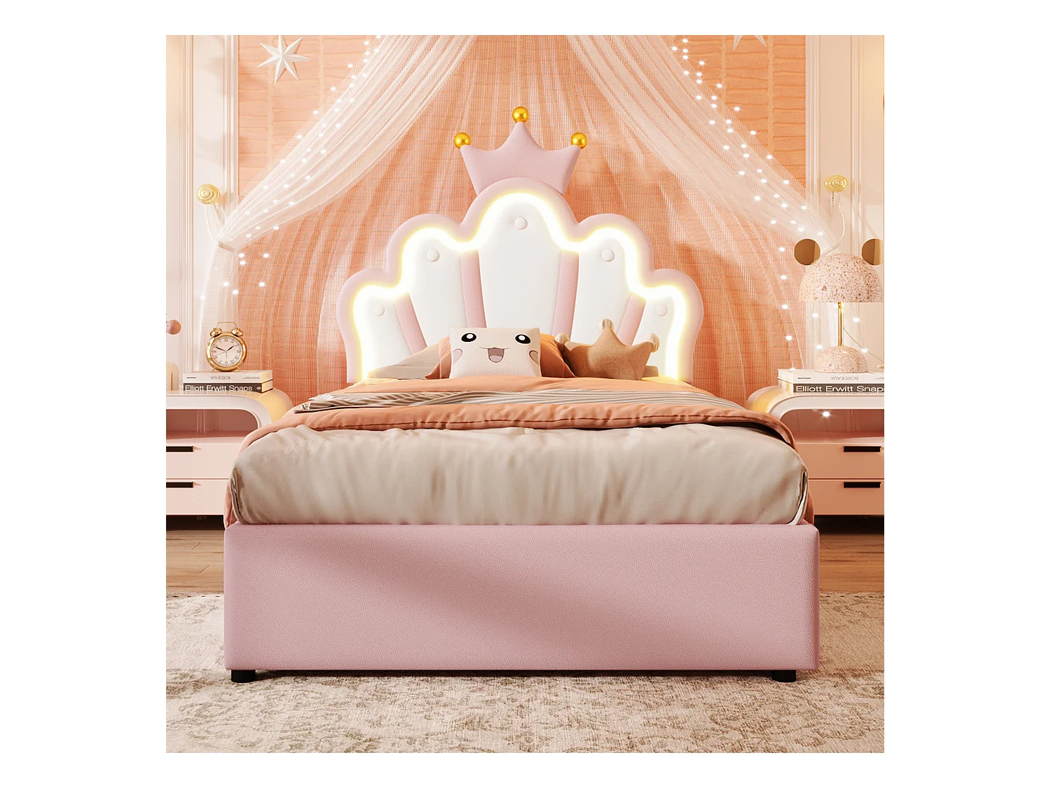 Lit rembourré 90x200 cm sans matelas, bande LED, mécanisme hydraulique, lit princesse en forme de couronne, tête de lit réglable, PU, Rose