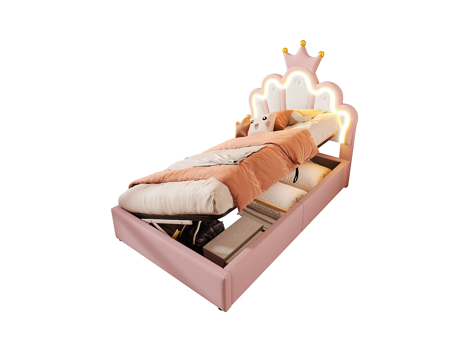 Lit rembourré 90x200 cm sans matelas, bande LED, mécanisme hydraulique, lit princesse en forme de couronne, tête de lit réglable, PU, Rose