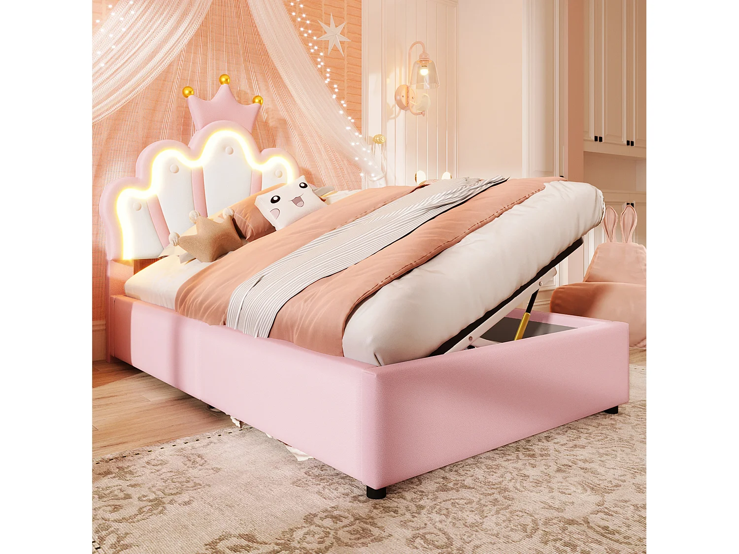 Lit rembourré 90x200 cm sans matelas, bande LED, mécanisme hydraulique, lit princesse en forme de couronne, tête de lit réglable, PU, Rose