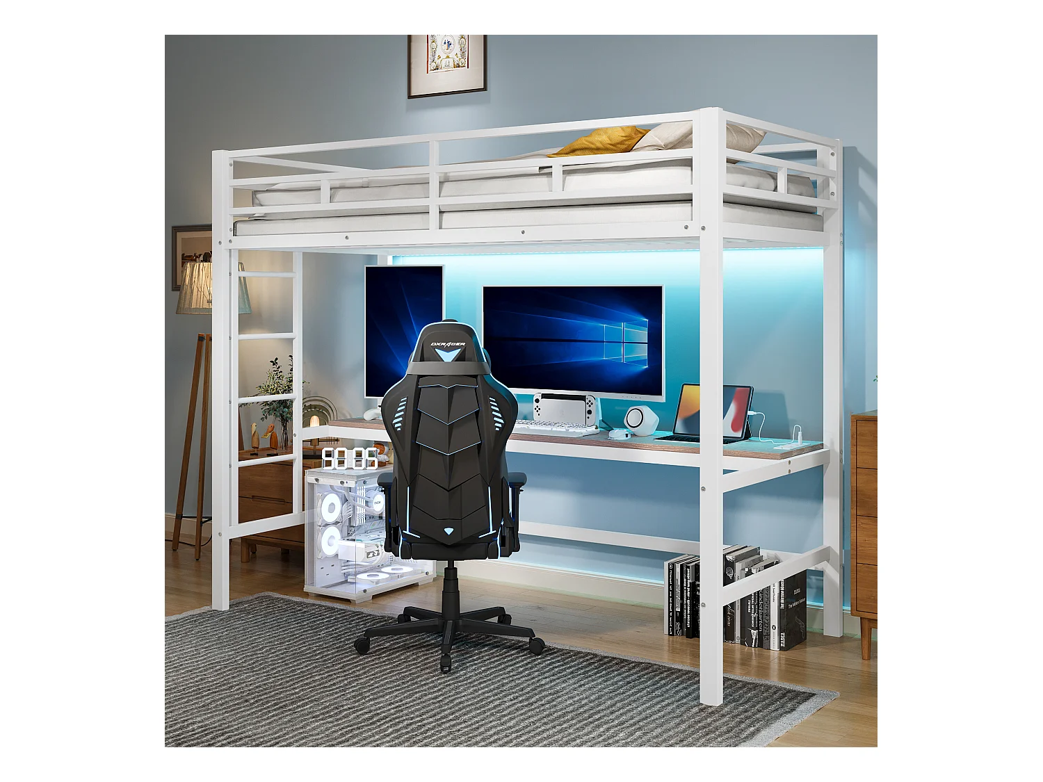 Lit mezzanine 90x200 cm, échelle, bureau avec USB, bande LED, compatible avec app, sans matelas, Métal, Blanc