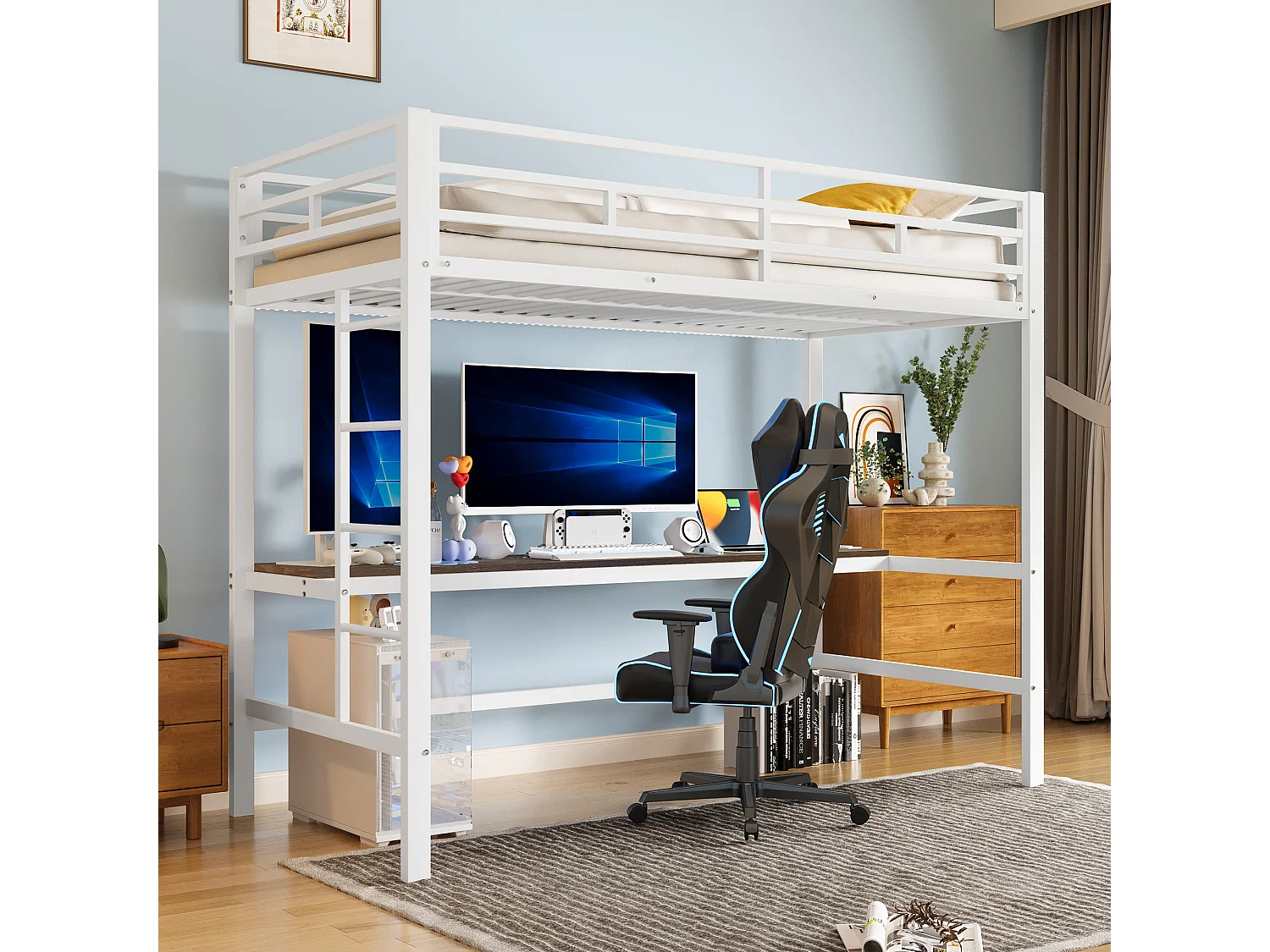 Lit mezzanine 90x200 cm, échelle, bureau avec USB, bande LED, compatible avec app, sans matelas, Métal, Blanc