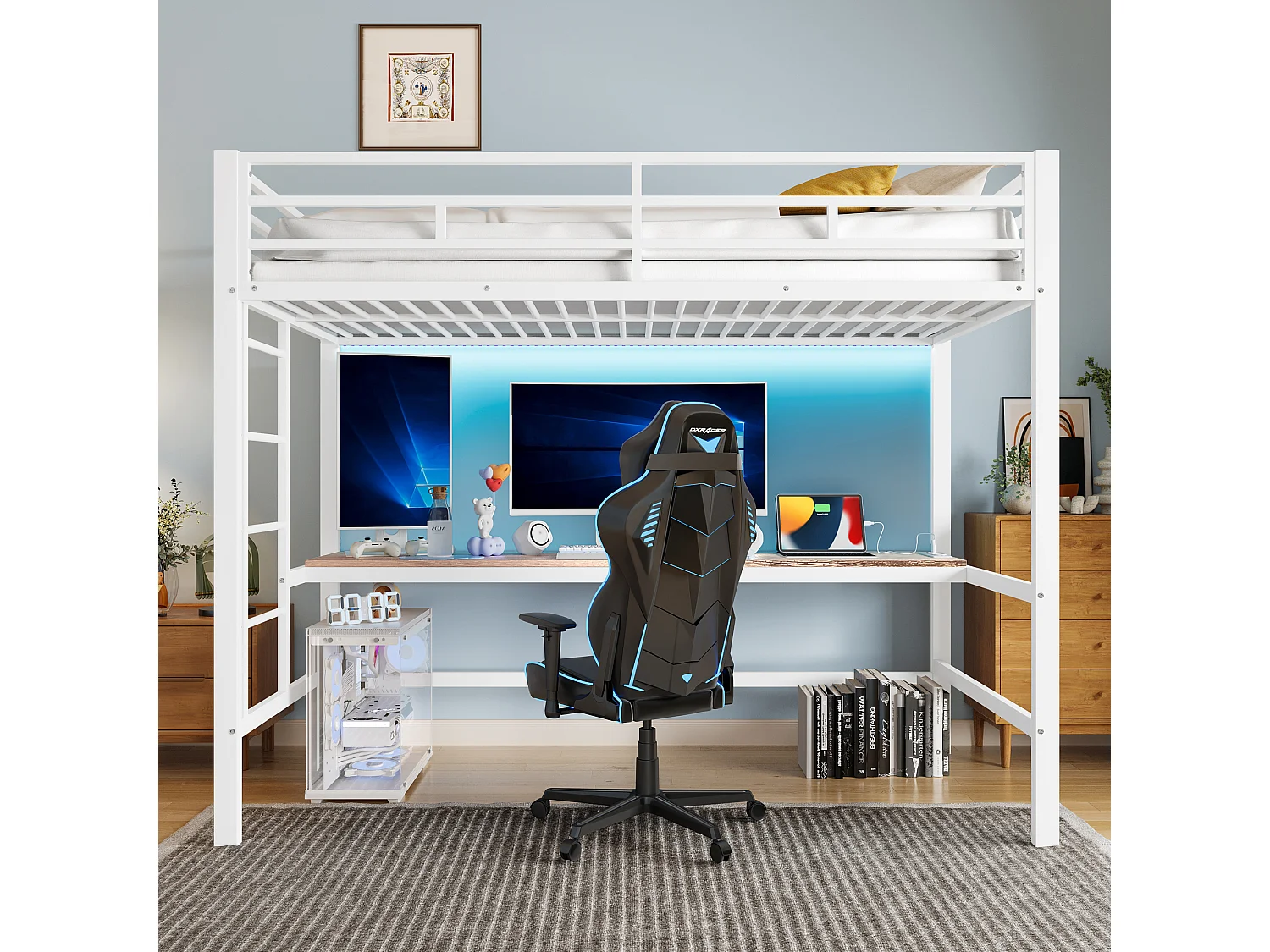 Lit mezzanine 90x200 cm, échelle, bureau avec USB, bande LED, compatible avec app, sans matelas, Métal, Blanc