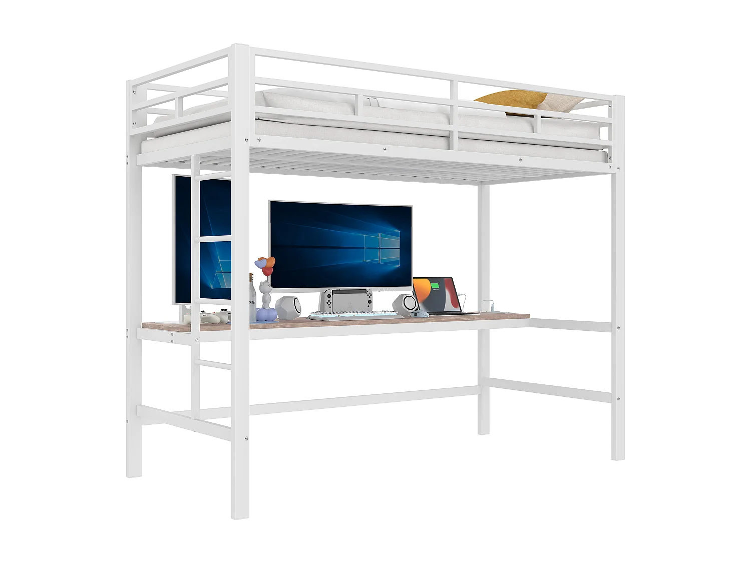 Lit mezzanine 90x200 cm, échelle, bureau avec USB, bande LED, compatible avec app, sans matelas, Métal, Blanc