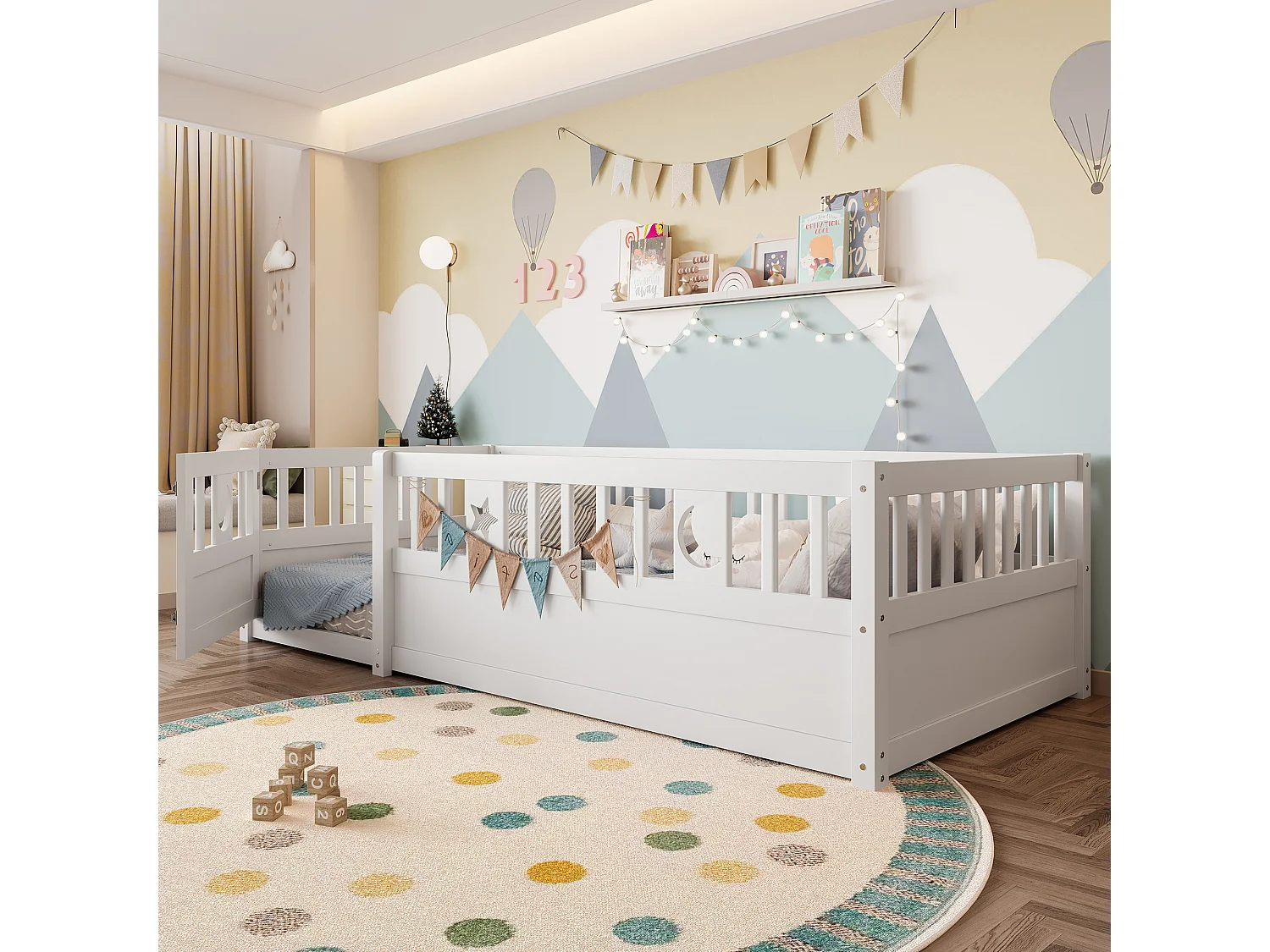 Lit enfant 90x190 cm avec barreaux, décor étoile et lune, sans sommier, sans matelas, style minimaliste, Blanc