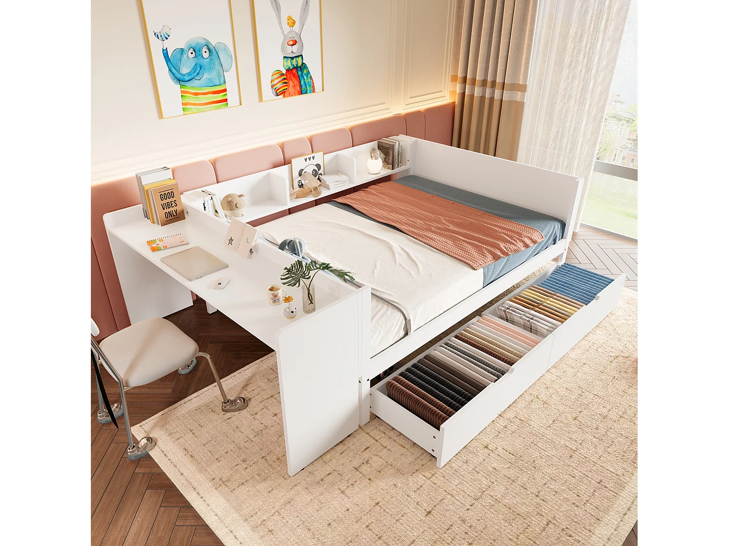 Lit en bois 140x200 cm avec bureau, 2 tiroirs et rangements, double couchage, pin et panneaux, blanc