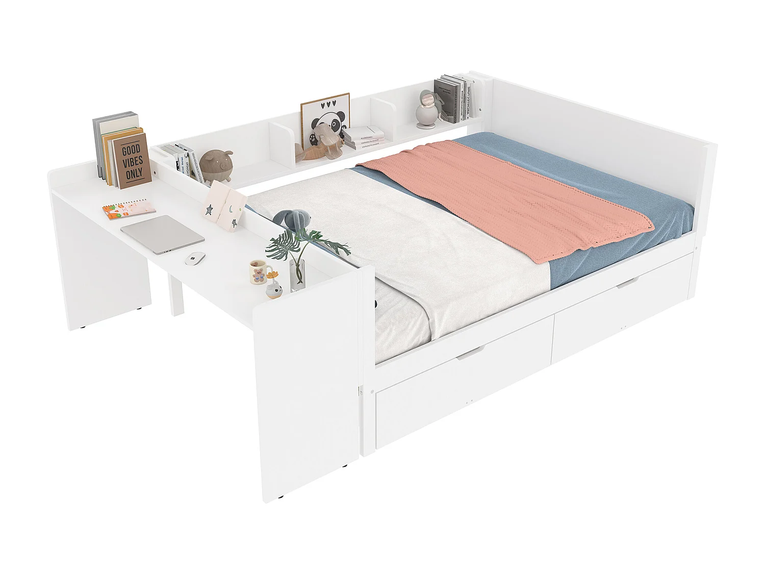 Lit en bois 140x200 cm avec bureau, 2 tiroirs et rangements, double couchage, pin et panneaux, blanc