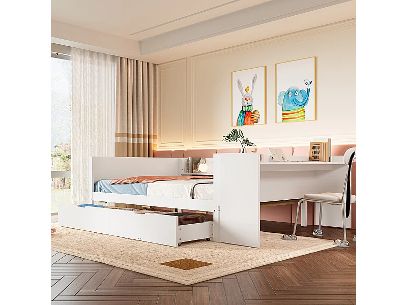 Lit en bois 140x200 cm avec bureau, 2 tiroirs et rangements, double couchage, pin et panneaux, blanc