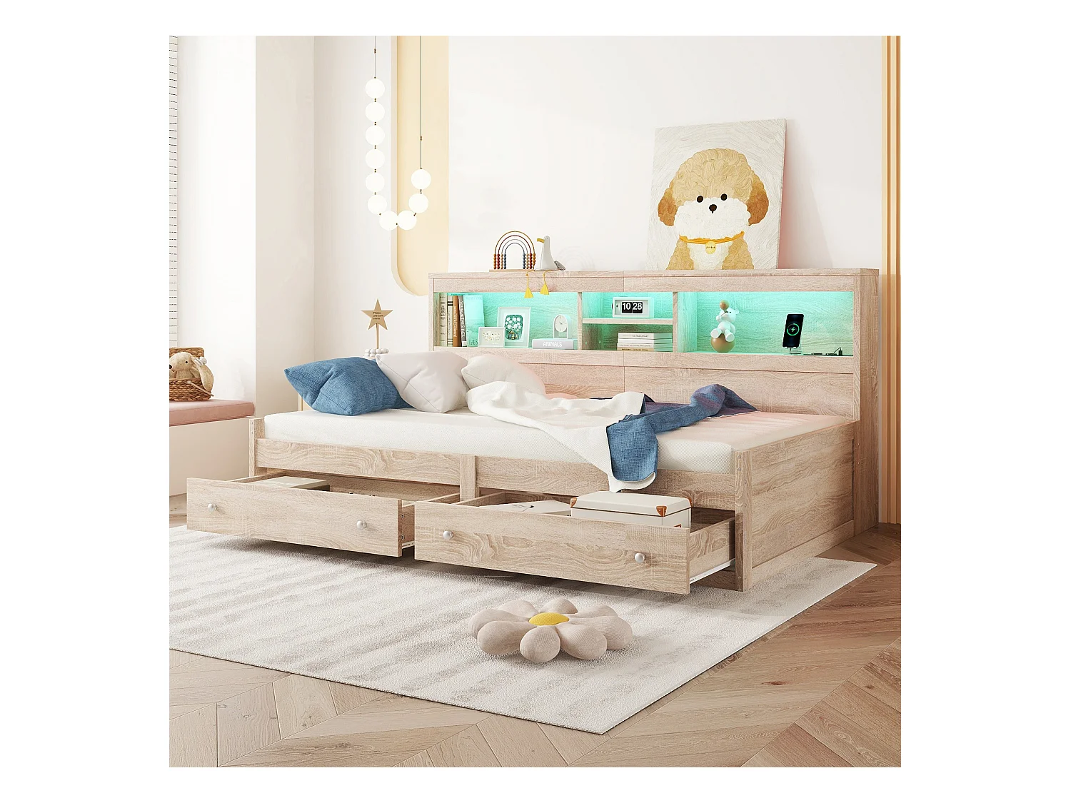 Canapé-lit 90x200 cm avec table de chevet, 2 ports USB, éclairage d’ambiance, 2 tiroirs et sommier inclus, bois naturel