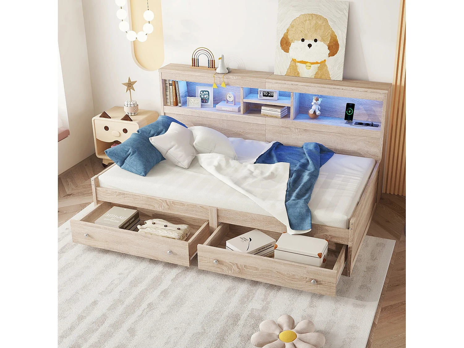 Canapé-lit 90x200 cm avec table de chevet, 2 ports USB, éclairage d’ambiance, 2 tiroirs et sommier inclus, bois naturel