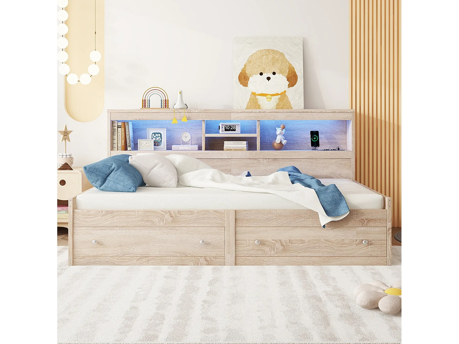 Canapé-lit 90x200 cm avec table de chevet, 2 ports USB, éclairage d’ambiance, 2 tiroirs et sommier inclus, bois naturel