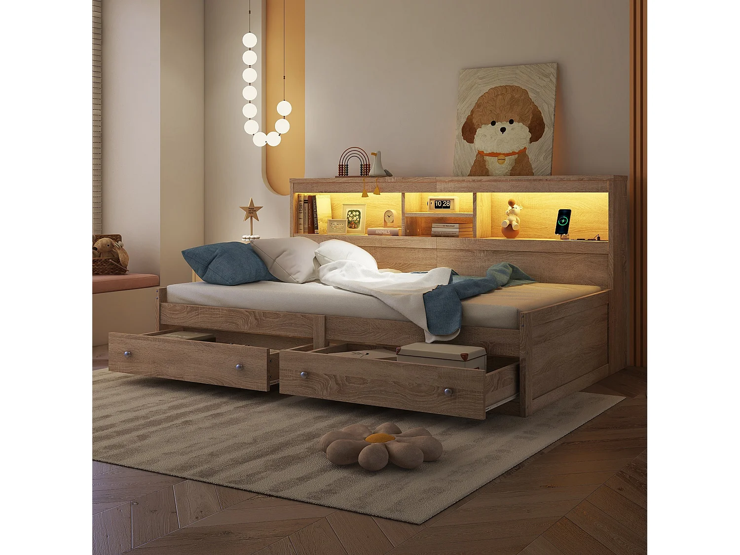 Canapé-lit 90x200 cm avec table de chevet, 2 ports USB, éclairage d’ambiance, 2 tiroirs et sommier inclus, bois naturel