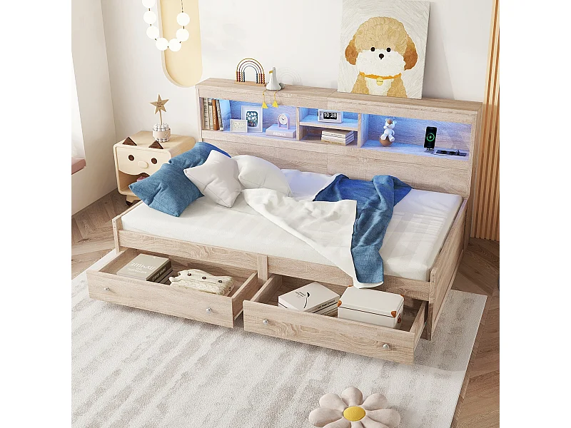 Canapé-lit 90x200 cm avec table de chevet, 2 ports USB, éclairage d’ambiance, 2 tiroirs et sommier inclus, bois naturel