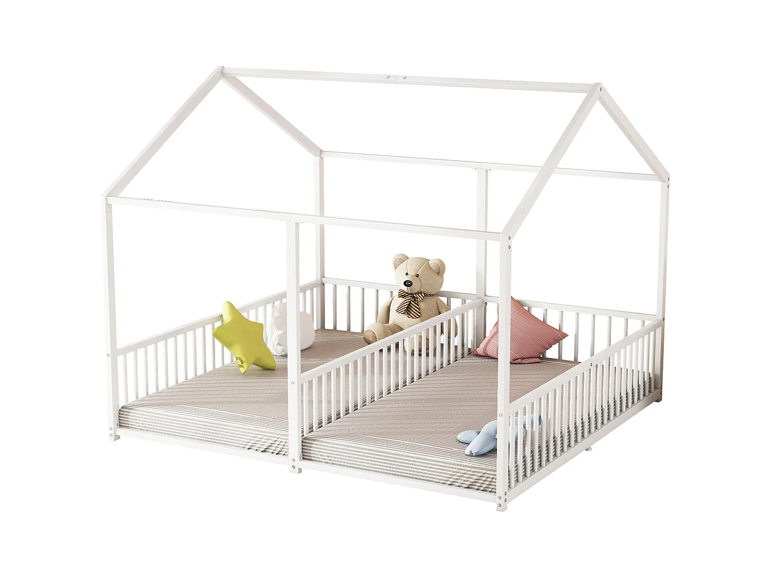 Lit en métal pour enfant 90x200 cm blanc, cadre maison, avec garde-corps et échelle, style double, sans matelas