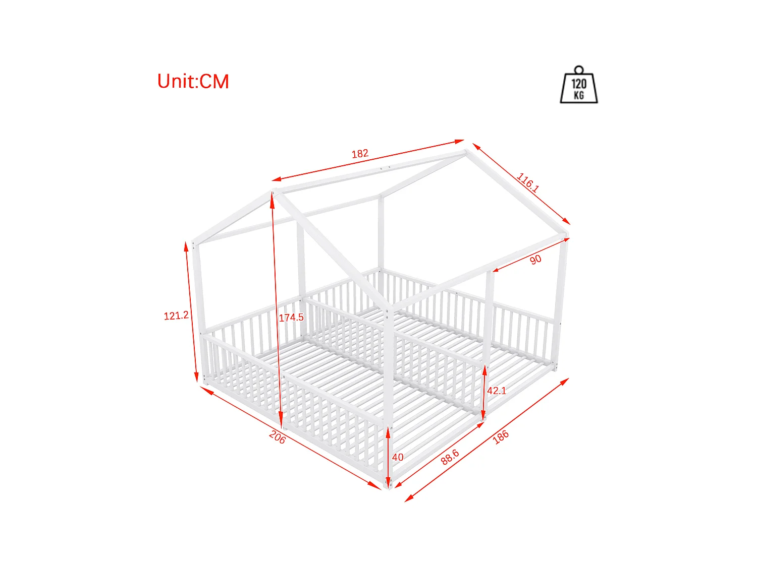 Lit en métal pour enfant 90x200 cm blanc, cadre maison, avec garde-corps et échelle, style double, sans matelas