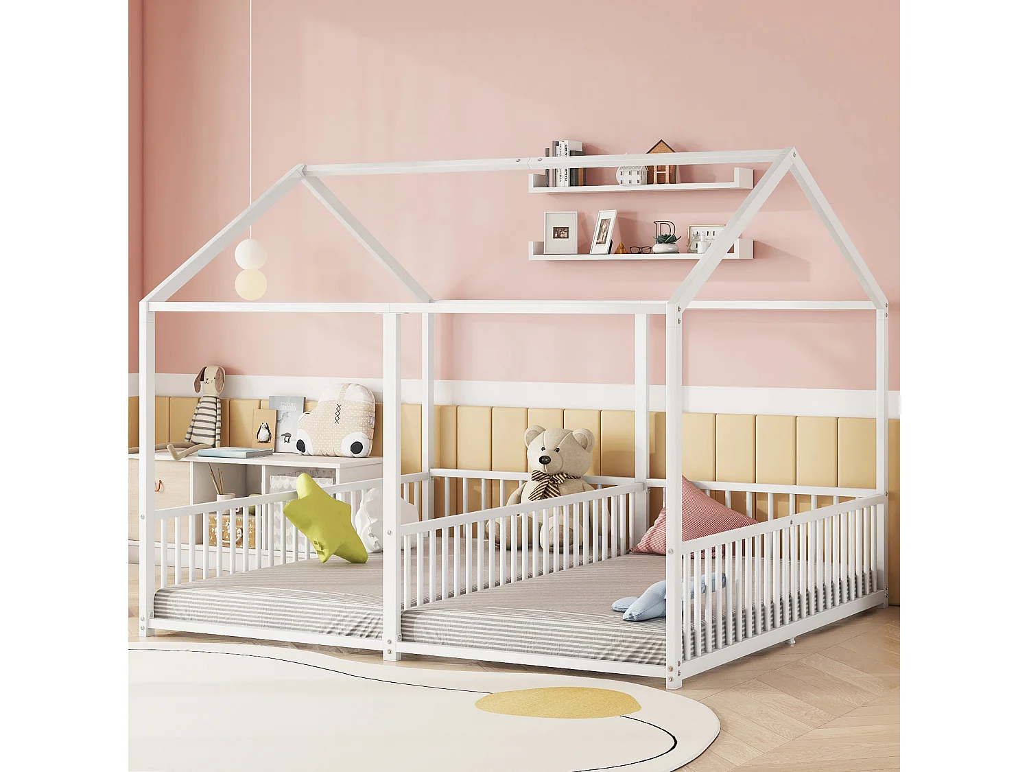 Lit en métal pour enfant 90x200 cm blanc, cadre maison, avec garde-corps et échelle, style double, sans matelas