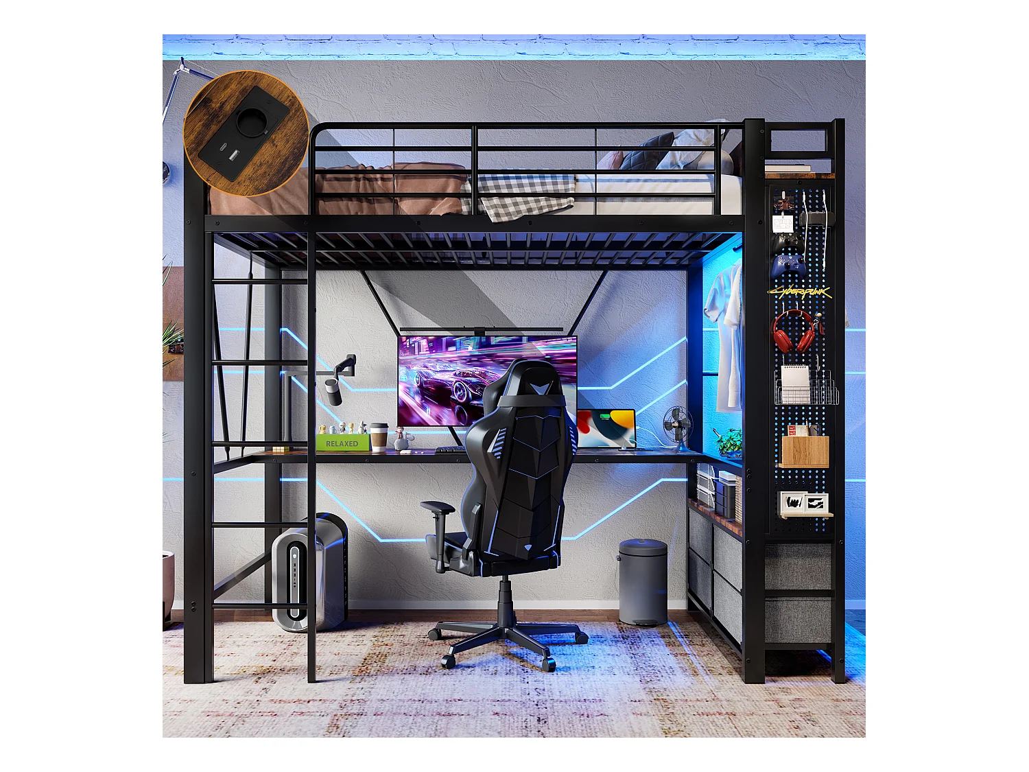 Lit mezzanine 90x200 cm, cadre en métal avec bureau, étagères, 4 tiroirs, prise USB + Type-C, LED, échelle, sans matelas, Noir