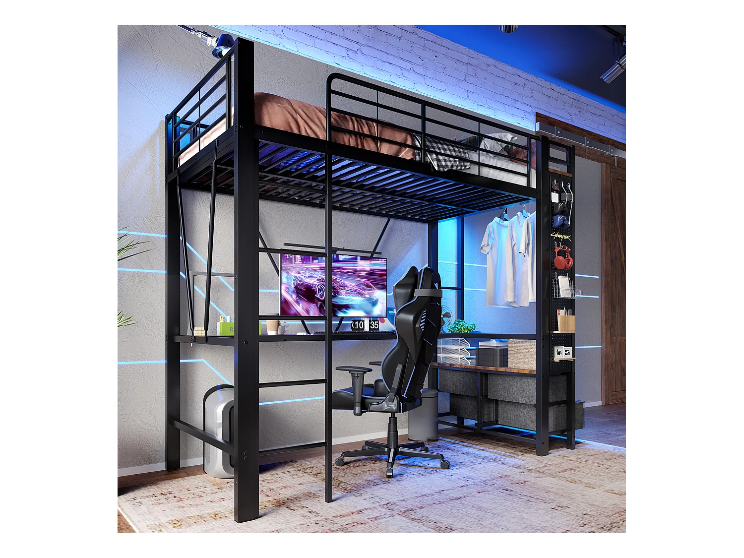 Lit mezzanine 90x200 cm, cadre en métal avec bureau, étagères, 4 tiroirs, prise USB + Type-C, LED, échelle, sans matelas, Noir