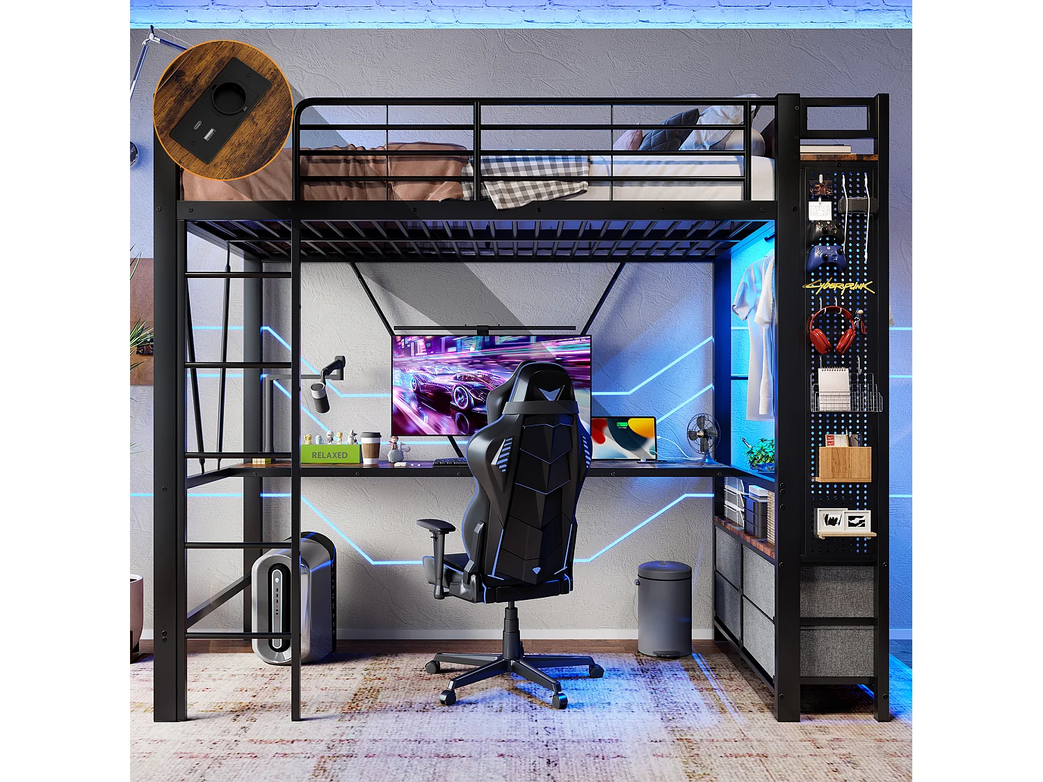 Lit mezzanine 90x200 cm, cadre en métal avec bureau, étagères, 4 tiroirs, prise USB + Type-C, LED, échelle, sans matelas, Noir