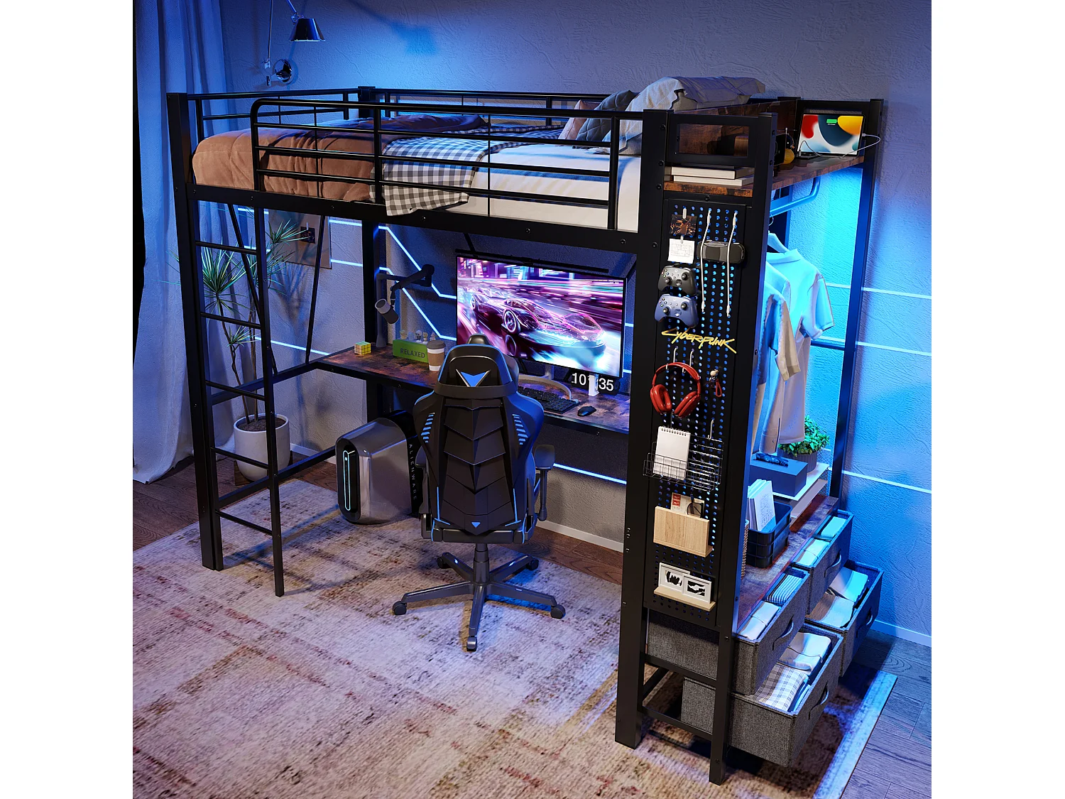 Lit mezzanine 90x200 cm, cadre en métal avec bureau, étagères, 4 tiroirs, prise USB + Type-C, LED, échelle, sans matelas, Noir