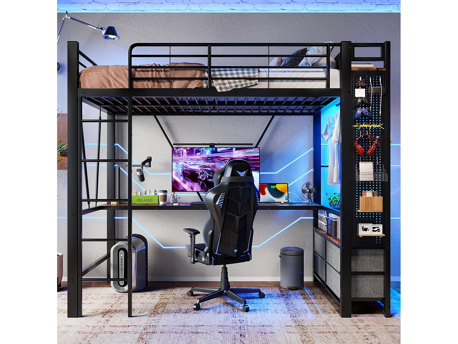 Lit mezzanine 90x200 cm, cadre en métal avec bureau, étagères, 4 tiroirs, prise USB + Type-C, LED, échelle, sans matelas, Noir