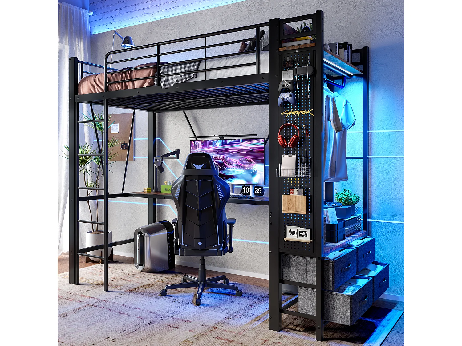 Lit mezzanine 90x200 cm, cadre en métal avec bureau, étagères, 4 tiroirs, prise USB + Type-C, LED, échelle, sans matelas, Noir