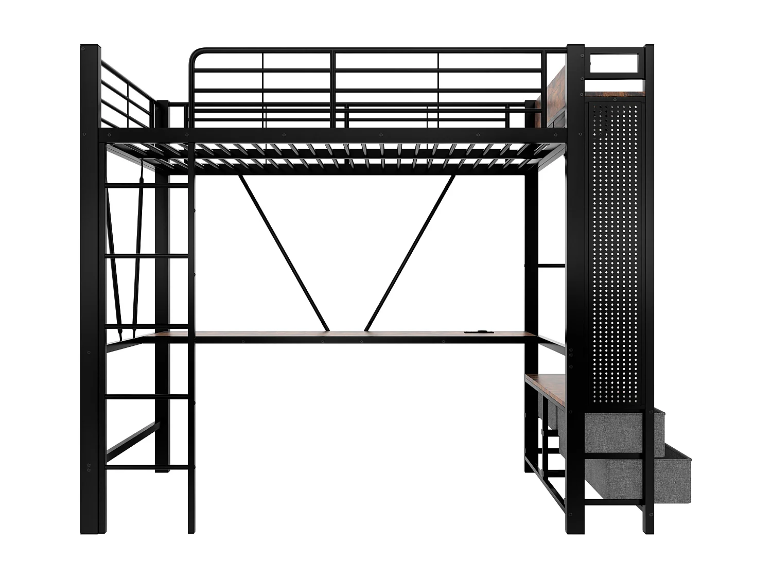 Lit mezzanine 90x200 cm, cadre en métal avec bureau, étagères, 4 tiroirs, prise USB + Type-C, LED, échelle, sans matelas, Noir