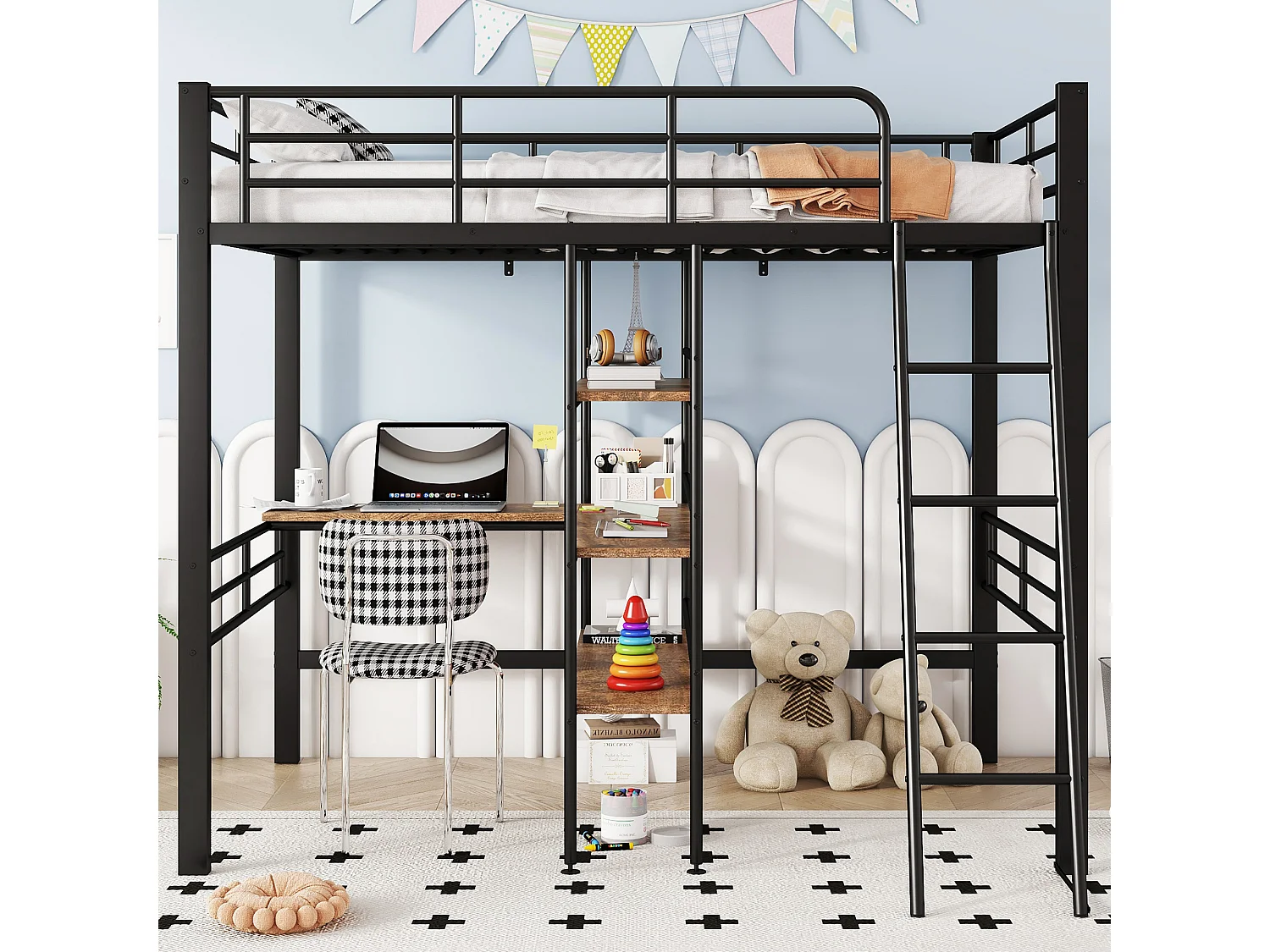 Lit mezzanine 90x200 cm noir en métal, avec bureau, étagères multiples, garde-corps et échelle, sans matelas