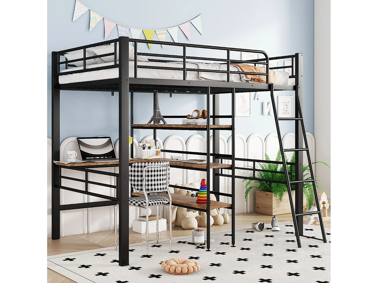 Lit mezzanine 90x200 cm noir en métal, avec bureau, étagères multiples, garde-corps et échelle, sans matelas