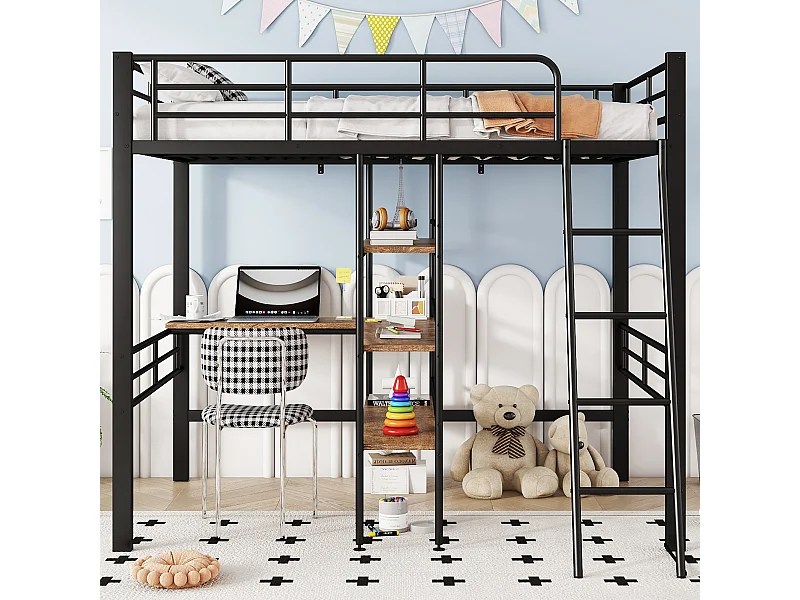 Lit mezzanine 90x200 cm noir en métal, avec bureau, étagères multiples, garde-corps et échelle, sans matelas