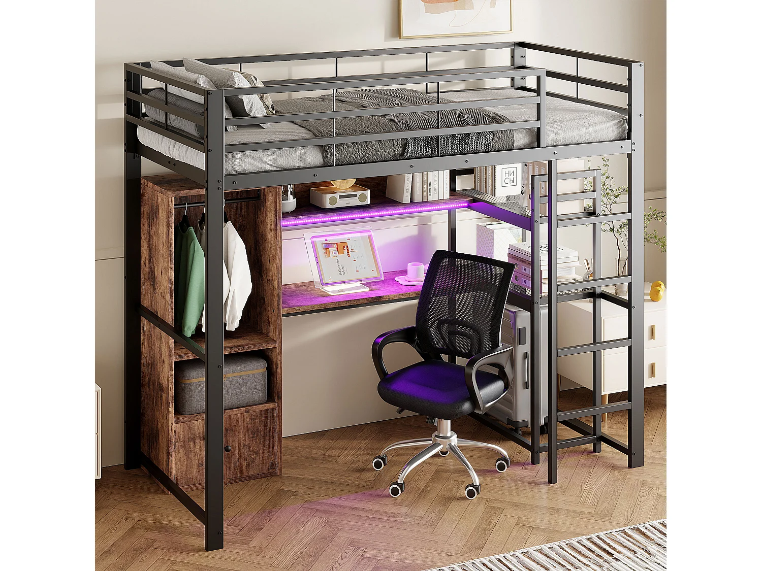 Lit mezzanine 90x200 cm, cadre métal avec LED, bureau, tiroir, étagères, rambarde, échelle, sans matelas, EN747 certifié, Noir