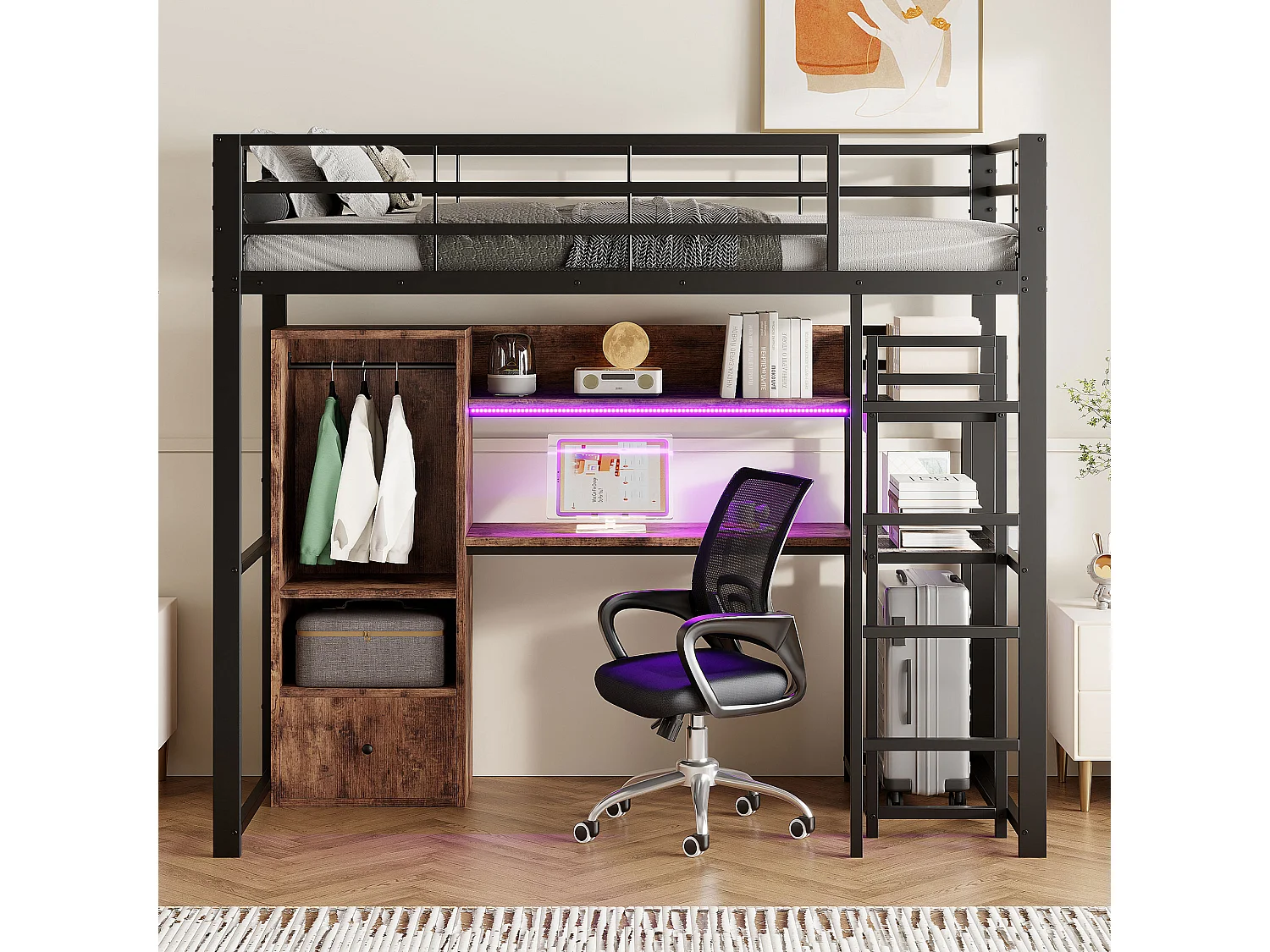 Lit mezzanine 90x200 cm, cadre métal avec LED, bureau, tiroir, étagères, rambarde, échelle, sans matelas, EN747 certifié, Noir
