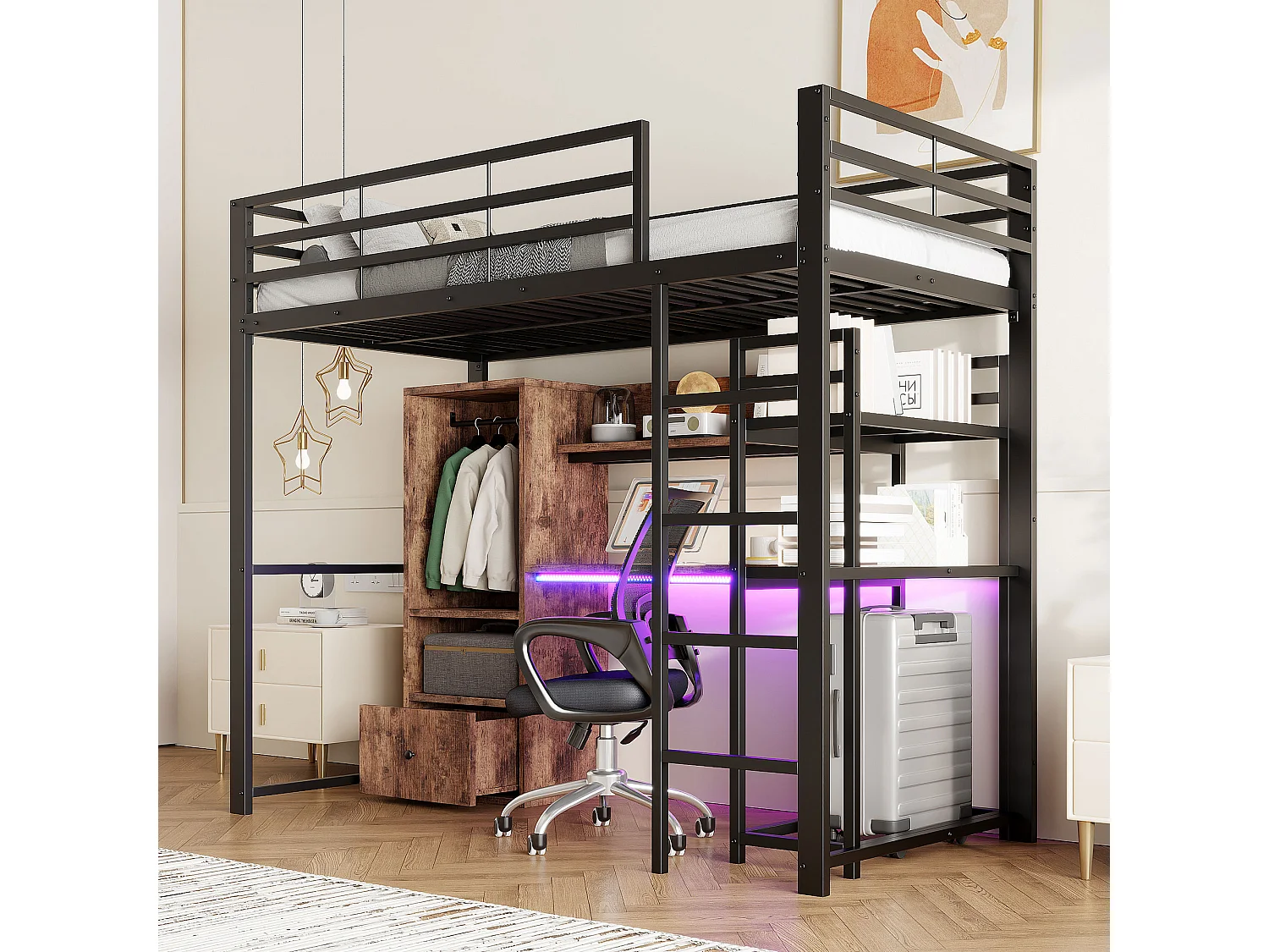 Lit mezzanine 90x200 cm, cadre métal avec LED, bureau, tiroir, étagères, rambarde, échelle, sans matelas, EN747 certifié, Noir