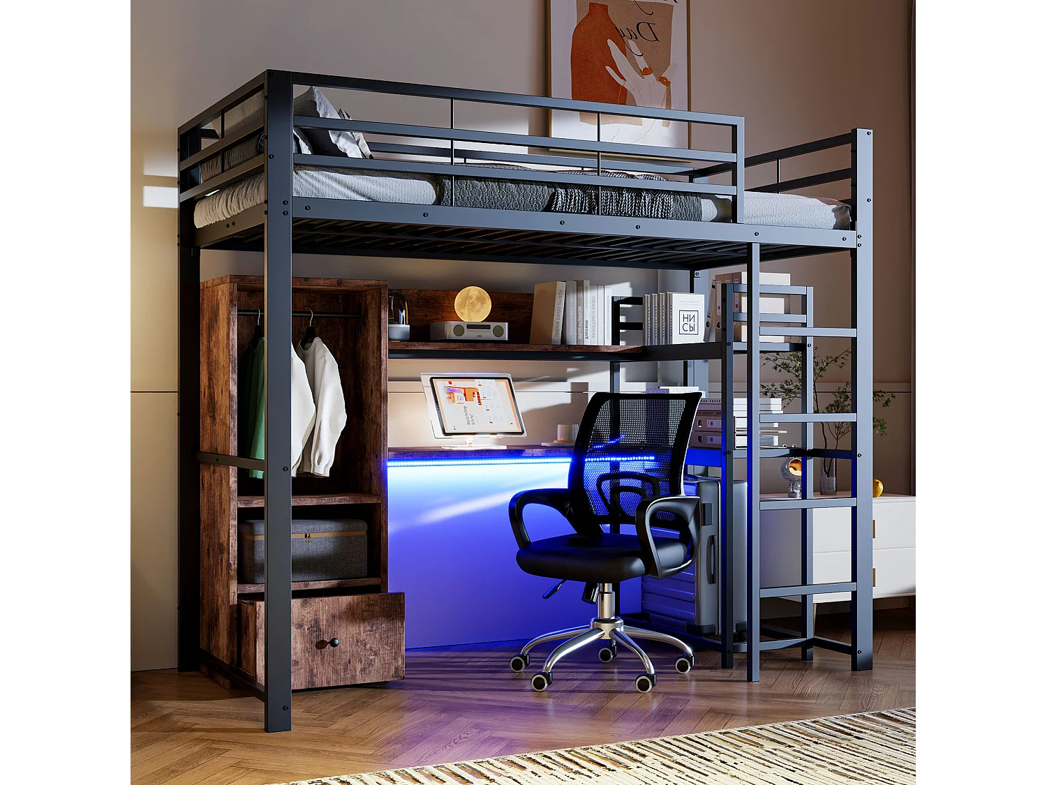 Lit mezzanine 90x200 cm, cadre métal avec LED, bureau, tiroir, étagères, rambarde, échelle, sans matelas, EN747 certifié, Noir