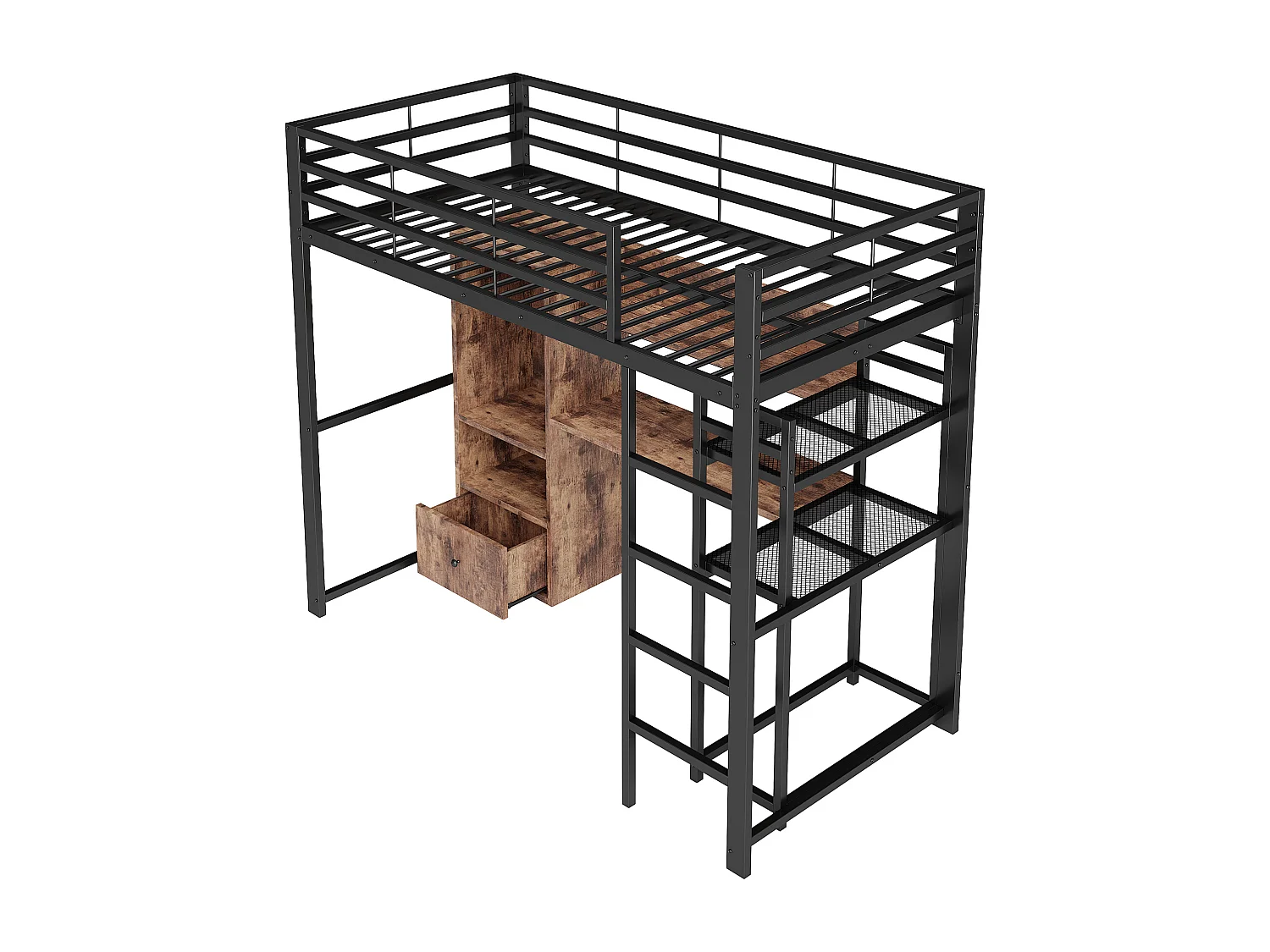 Lit mezzanine 90x200 cm, cadre métal avec LED, bureau, tiroir, étagères, rambarde, échelle, sans matelas, EN747 certifié, Noir