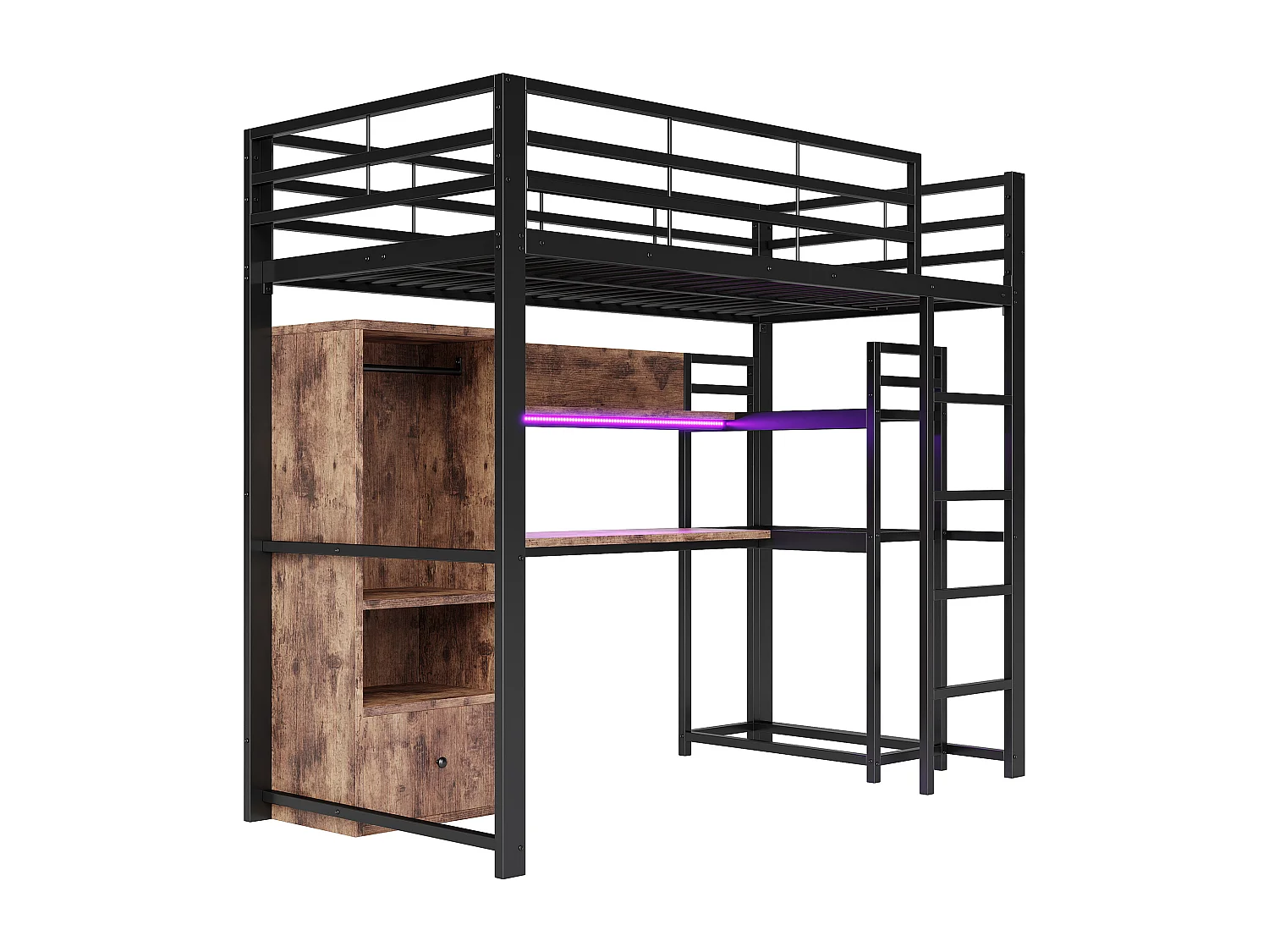Lit mezzanine 90x200 cm, cadre métal avec LED, bureau, tiroir, étagères, rambarde, échelle, sans matelas, EN747 certifié, Noir