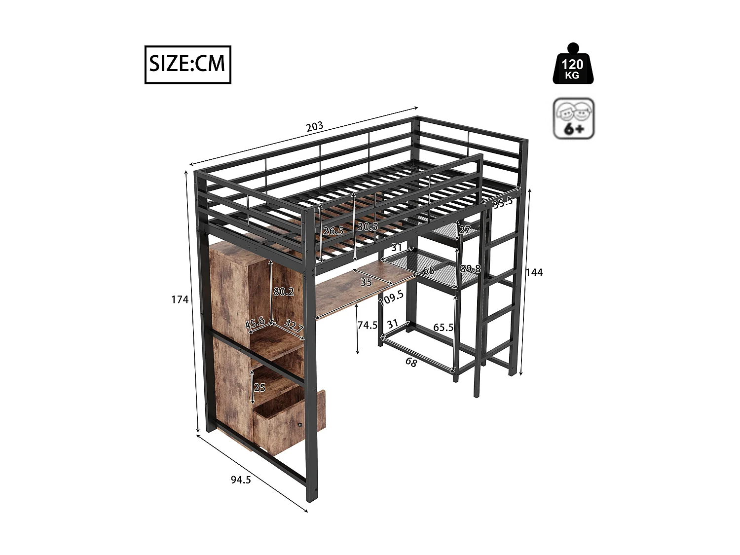 Lit mezzanine 90x200 cm, cadre métal avec LED, bureau, tiroir, étagères, rambarde, échelle, sans matelas, EN747 certifié, Noir
