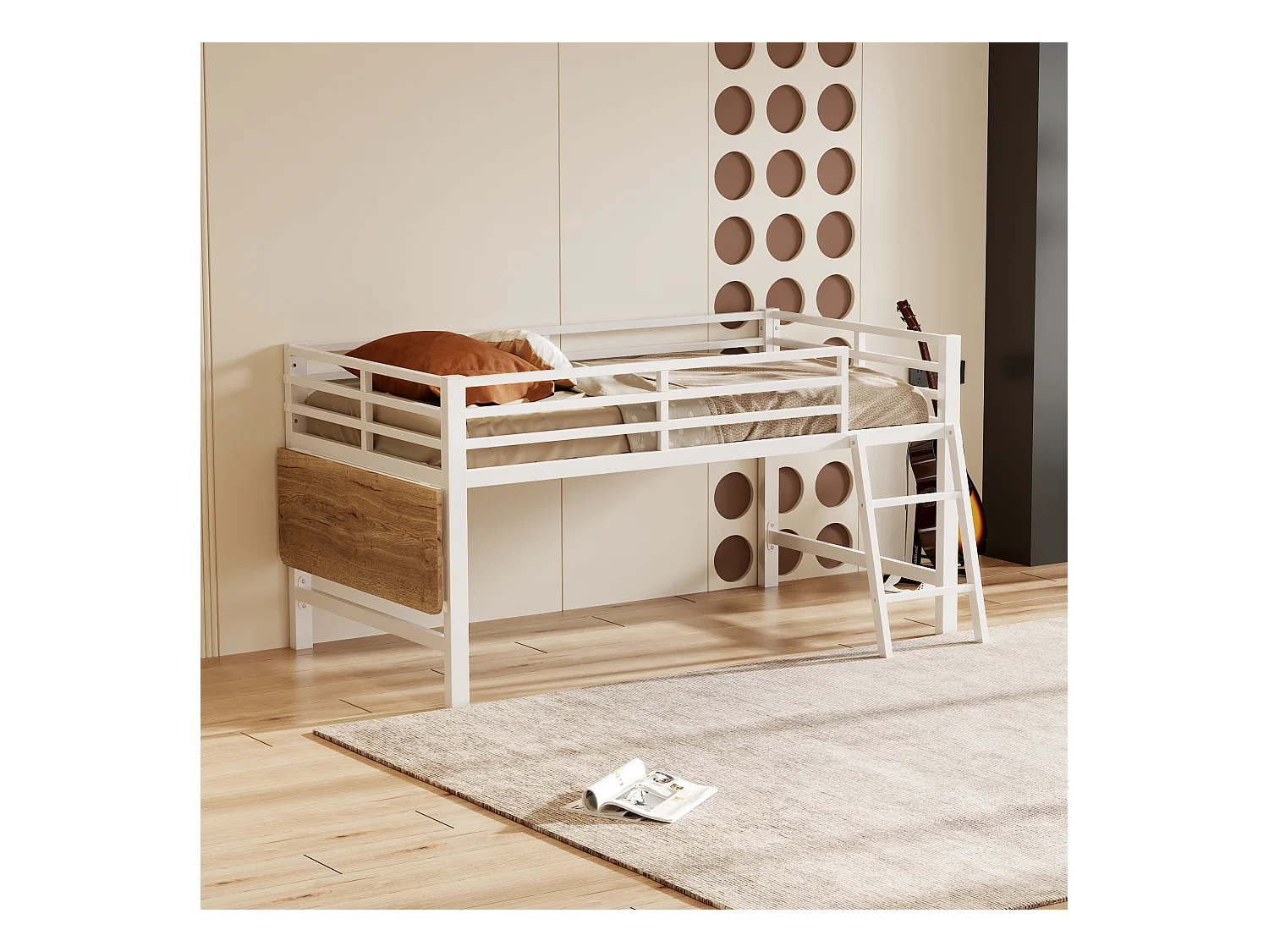 Lit mezzanine en métal 90x200 cm, avec barrière, échelle, bureau et bande LED télécommandée, blanc