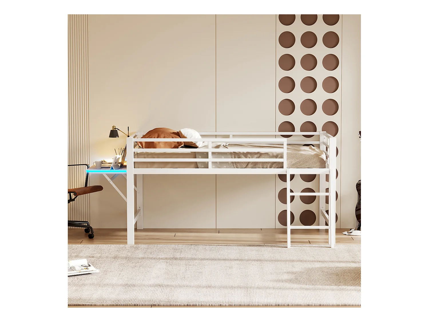 Lit mezzanine en métal 90x200 cm, avec barrière, échelle, bureau et bande LED télécommandée, blanc