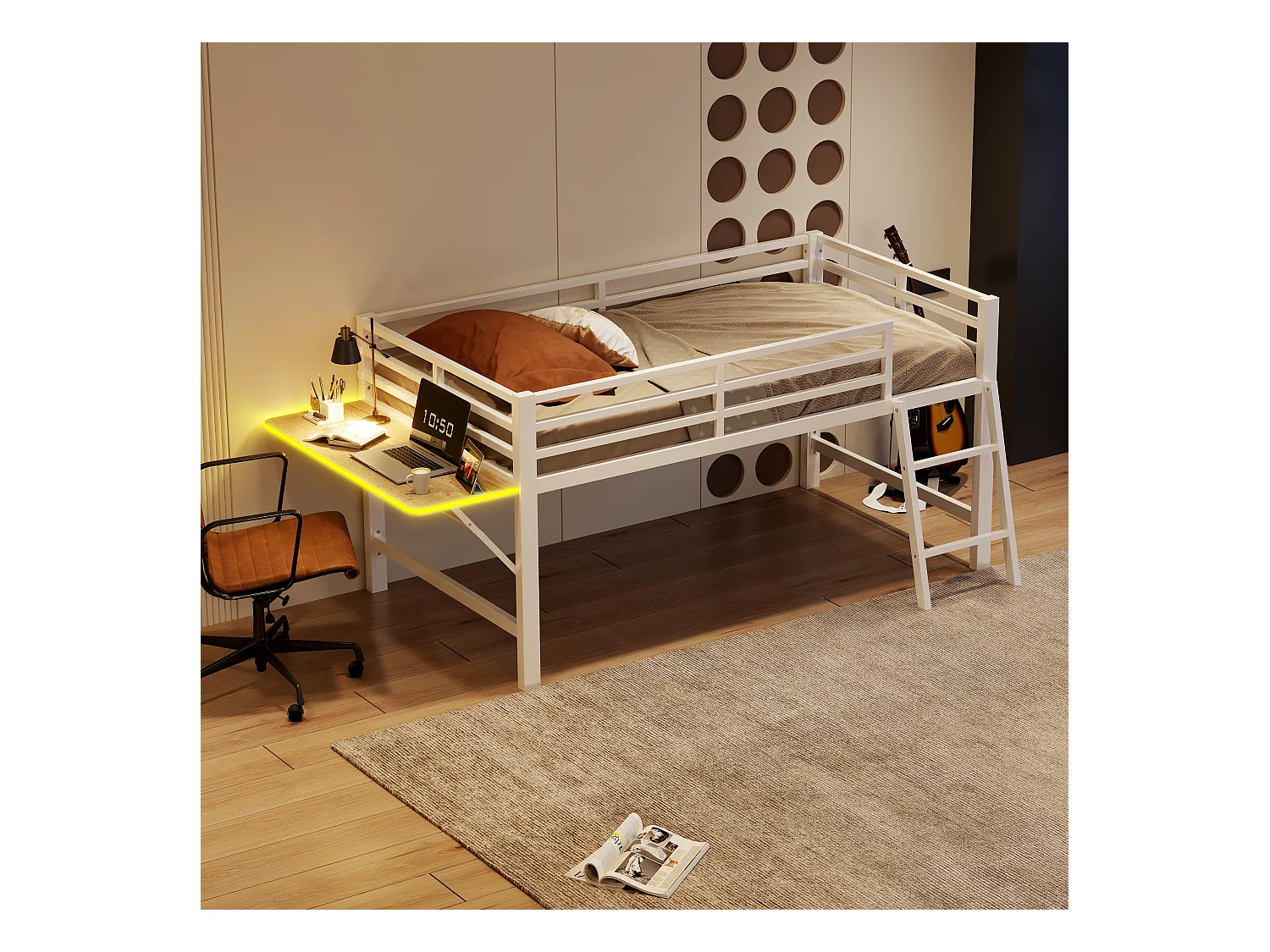 Lit mezzanine en métal 90x200 cm, avec barrière, échelle, bureau et bande LED télécommandée, blanc